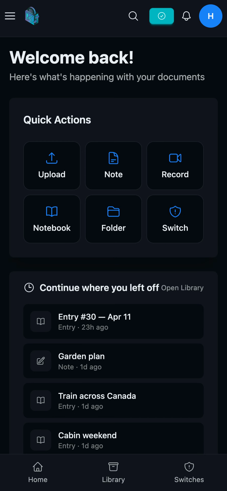 Killswitch dashboard on mobile showing quick actions and the deadman switch status