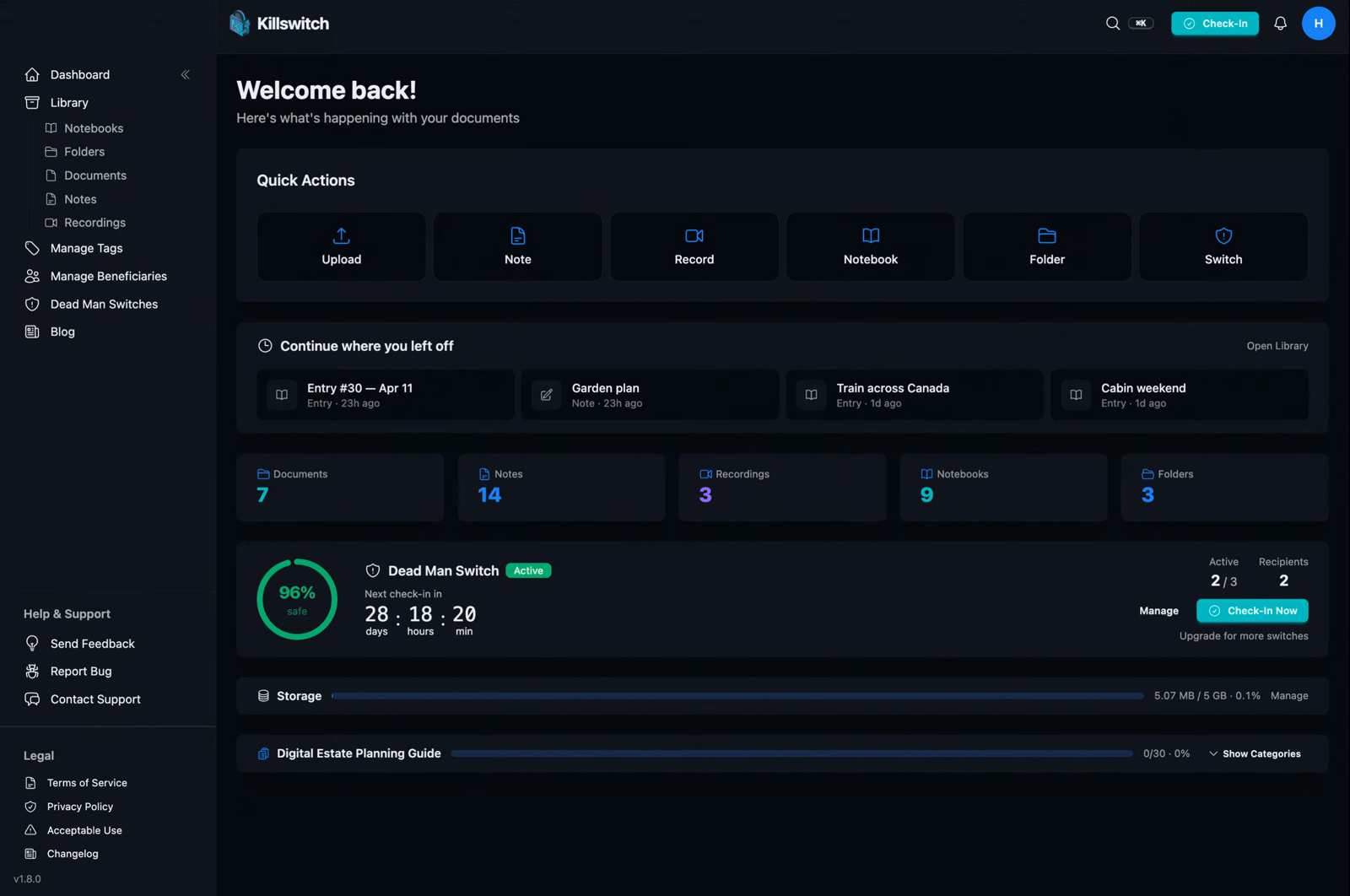 Killswitch dashboard showing encrypted item counts, storage usage, and a live deadman switch check-in countdown