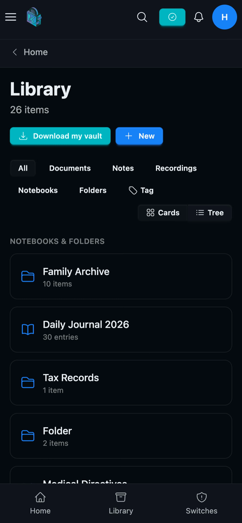 Killswitch encrypted library on mobile showing documents, notes, and notebooks