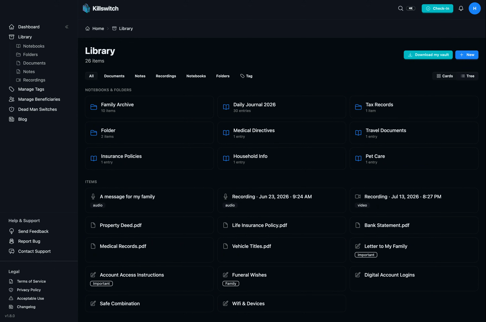 Killswitch encrypted library showing documents, notes, recordings, notebooks, and folders in one place