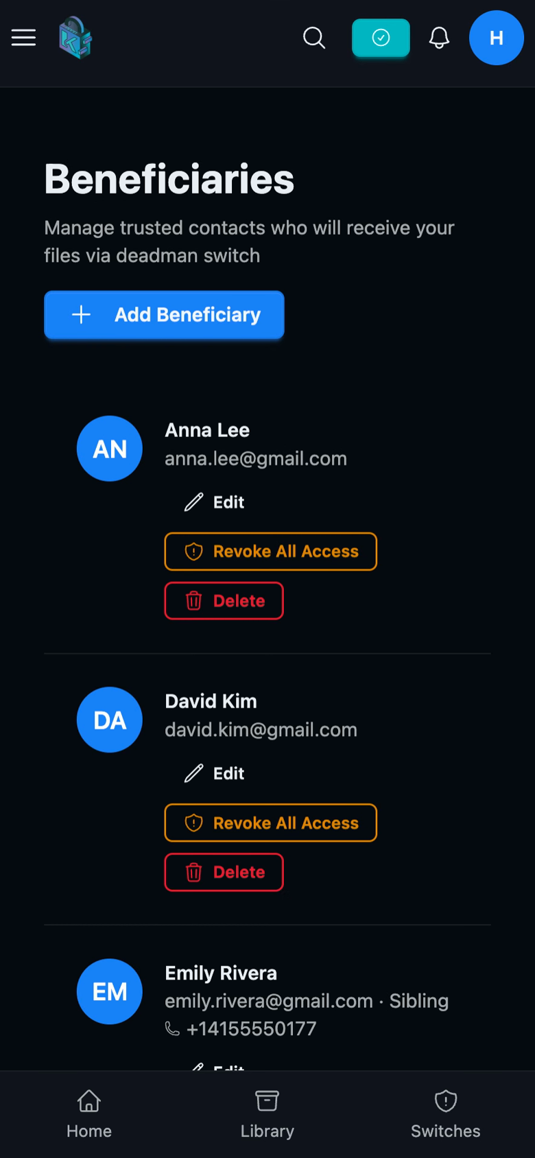 Killswitch beneficiaries on mobile listing trusted contacts