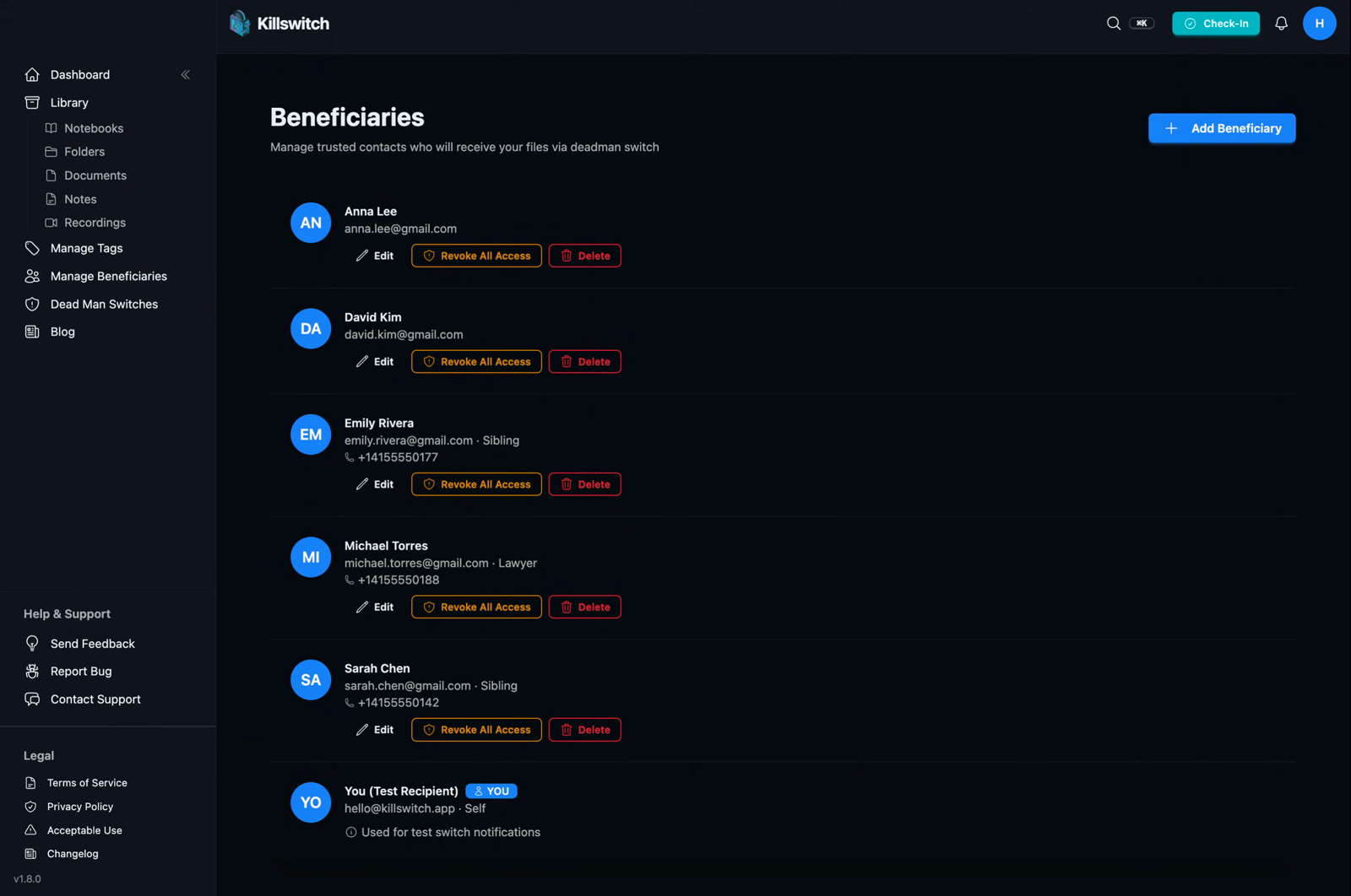 Killswitch beneficiaries screen listing trusted contacts who receive files via the deadman switch