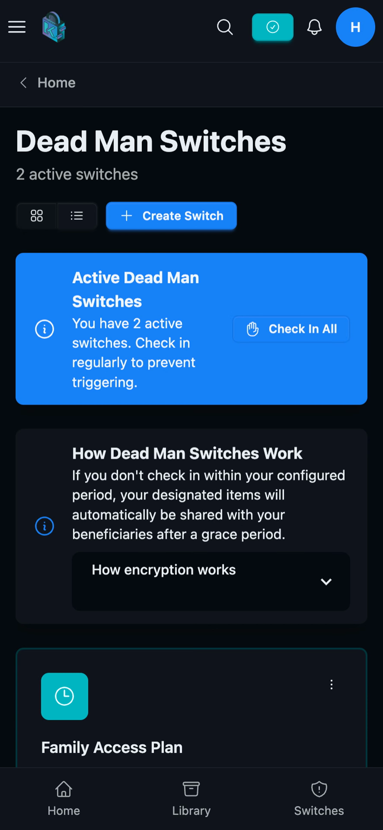 Killswitch dead man switches on mobile showing active switches and check-in status