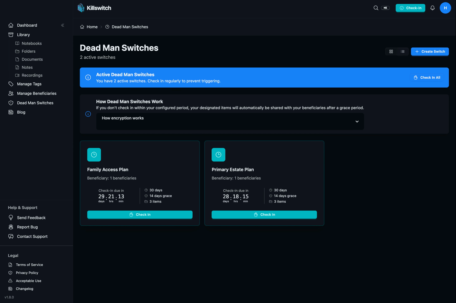Killswitch dead man switches screen showing active switches and check-in status