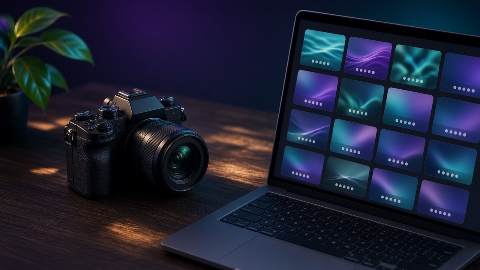A camera beside a laptop showing a grid of photo thumbnails on a wooden desk