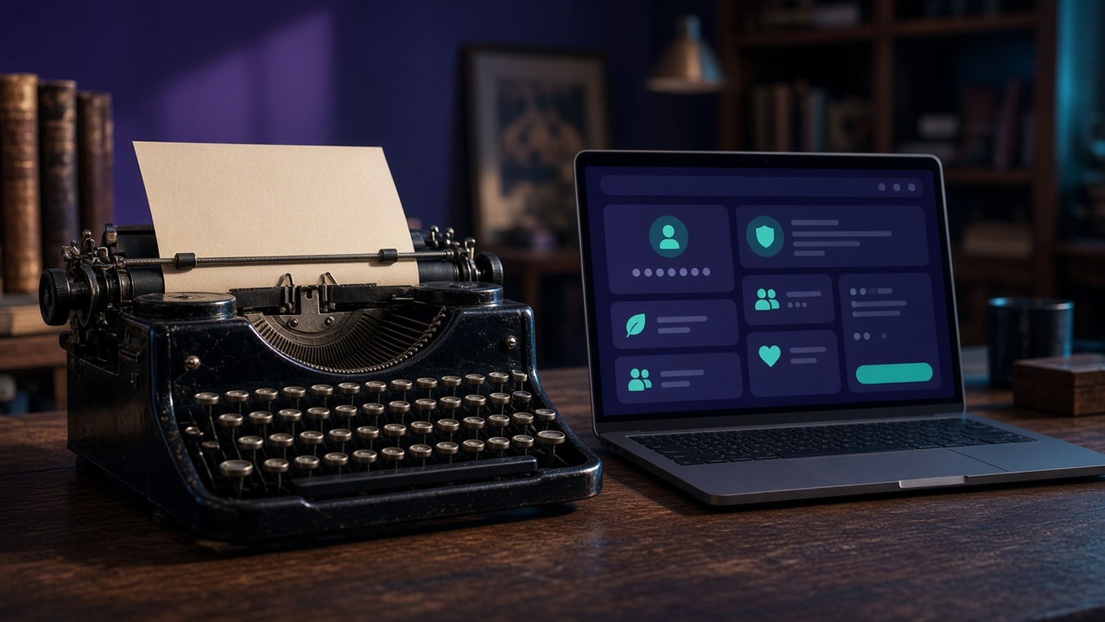 A vintage typewriter with a sheet of paper beside a laptop showing account tiles