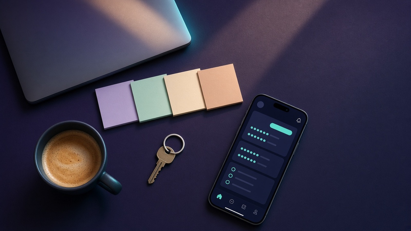 Flat lay of sticky notes, a key and a phone on a desk