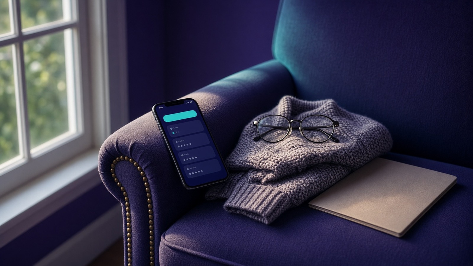 Armchair with a phone, reading glasses and a cardigan resting on it