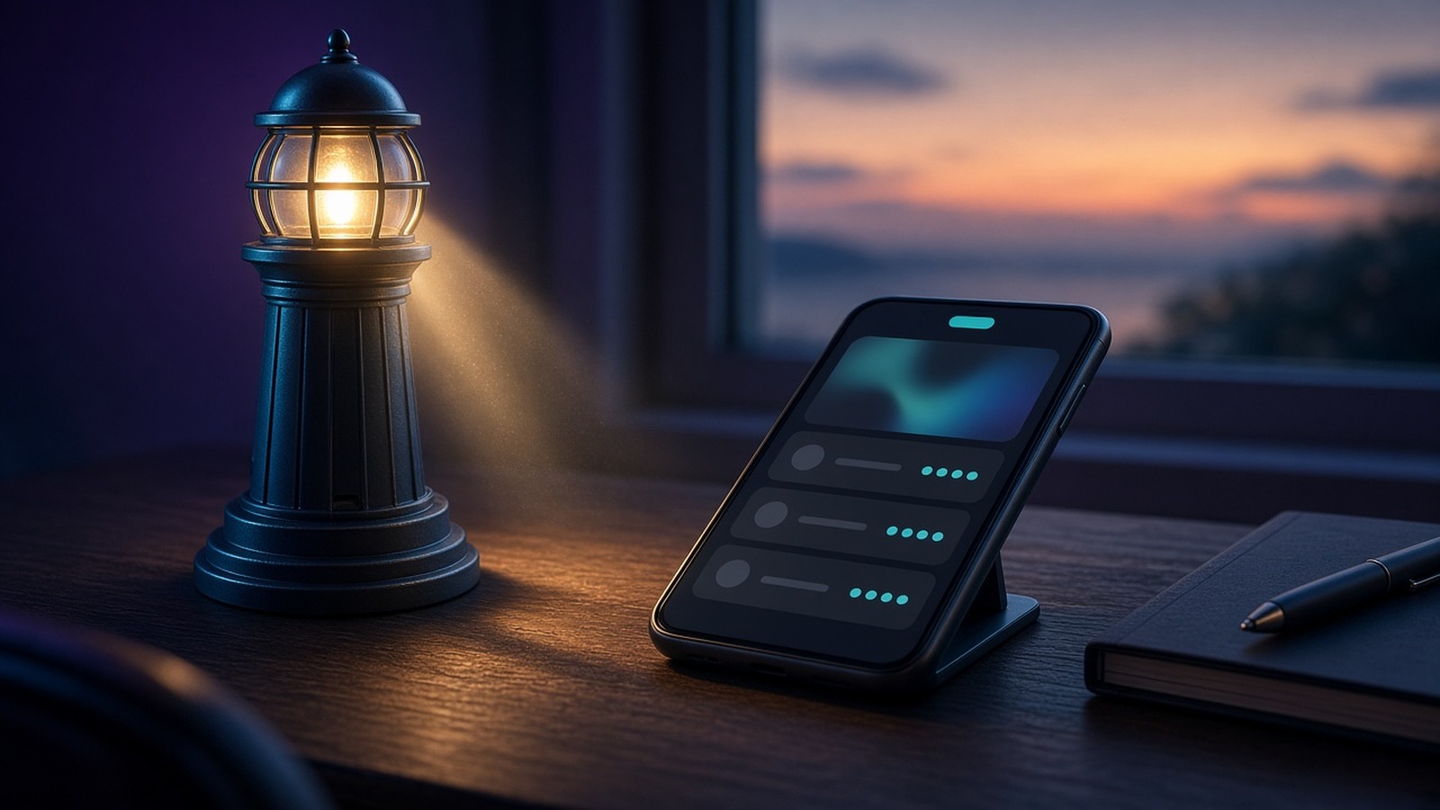 A small lighthouse lamp beside a phone on a charging stand with a notebook and a sunset window