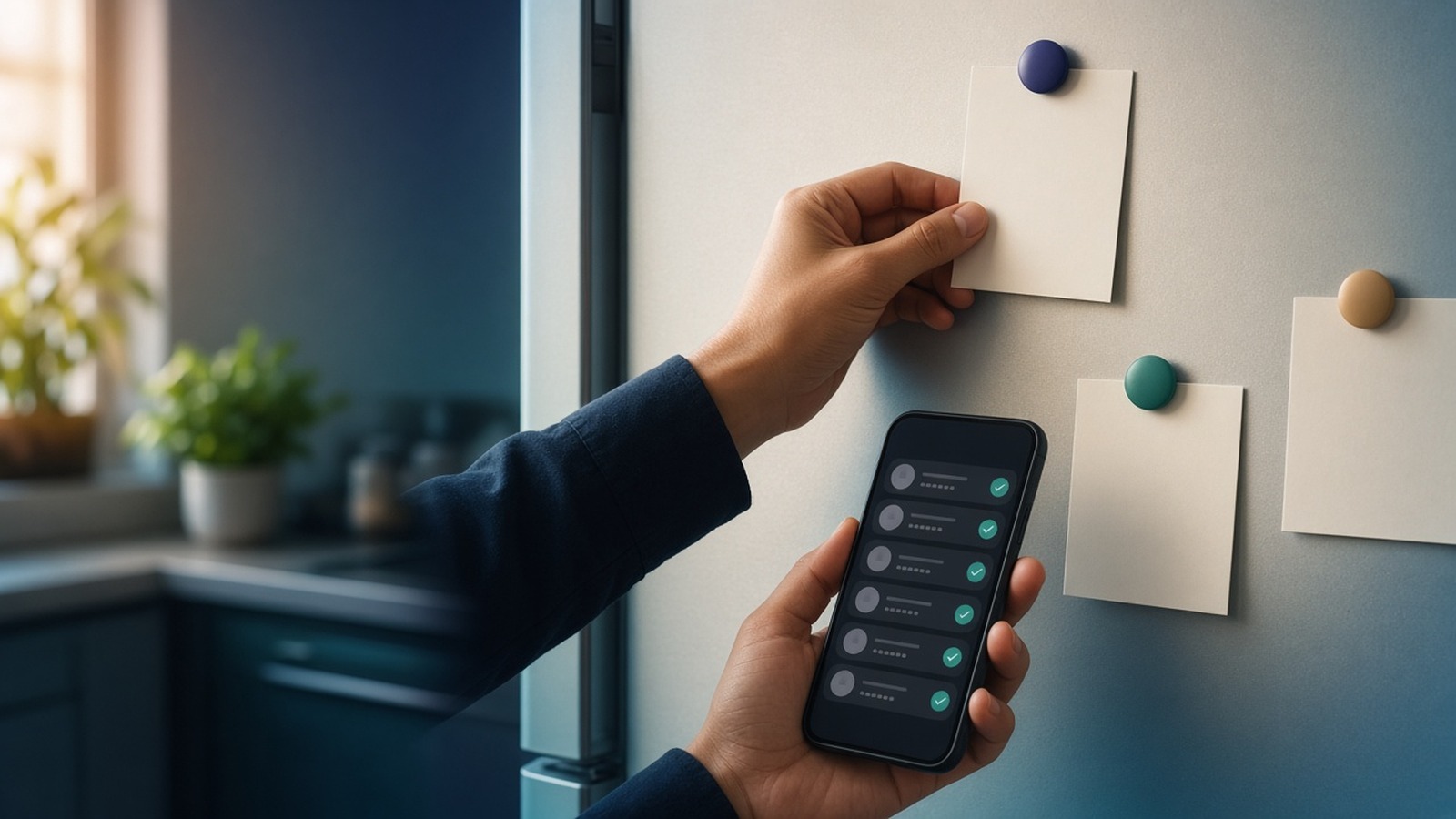Note cards on a fridge door with a phone nearby