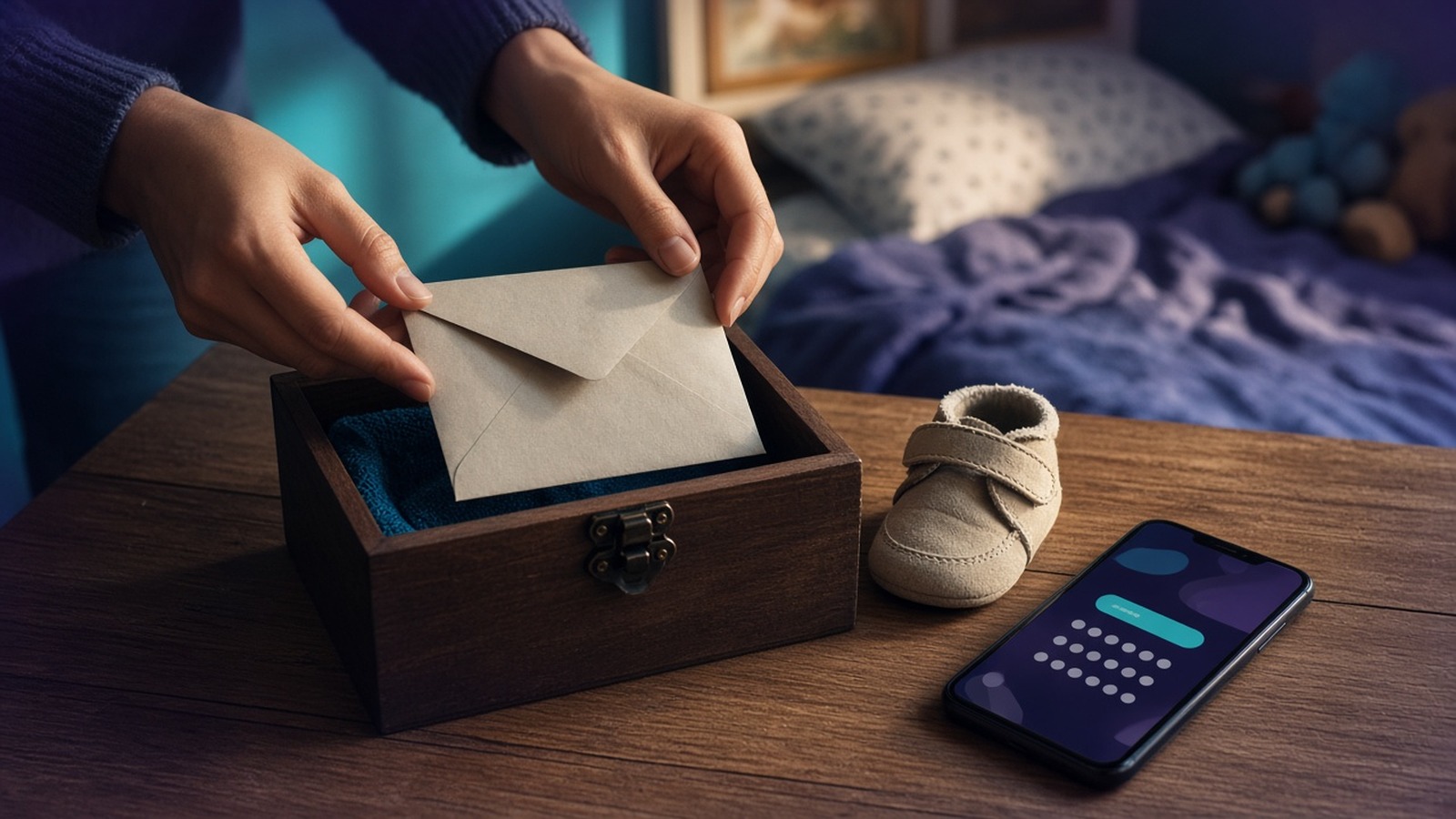 Hands placing an envelope into a wooden keepsake box beside baby shoes and a phone