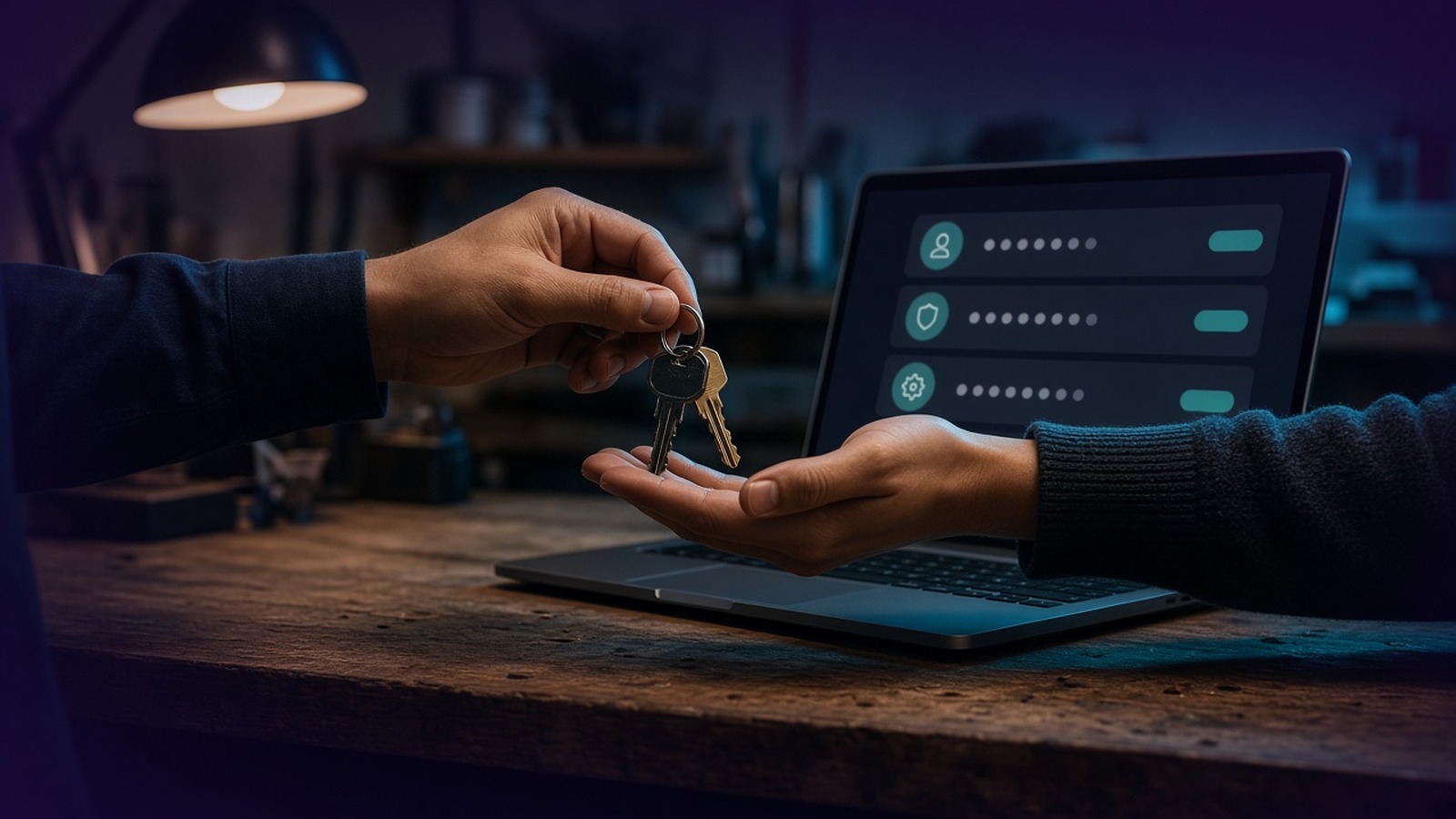 One hand passing a set of keys to another above a laptop showing masked entries