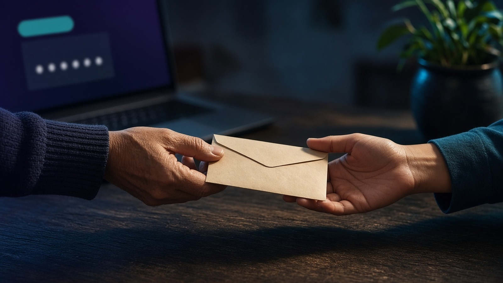 One hand passing an envelope to another in front of a laptop with a masked field
