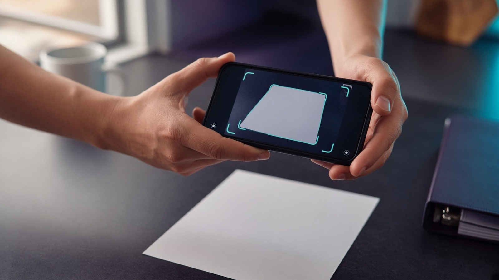 Hands scanning a paper document with a phone
