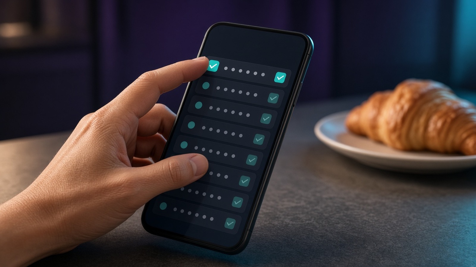 A hand scrolling a phone with a checked list beside a croissant on a plate