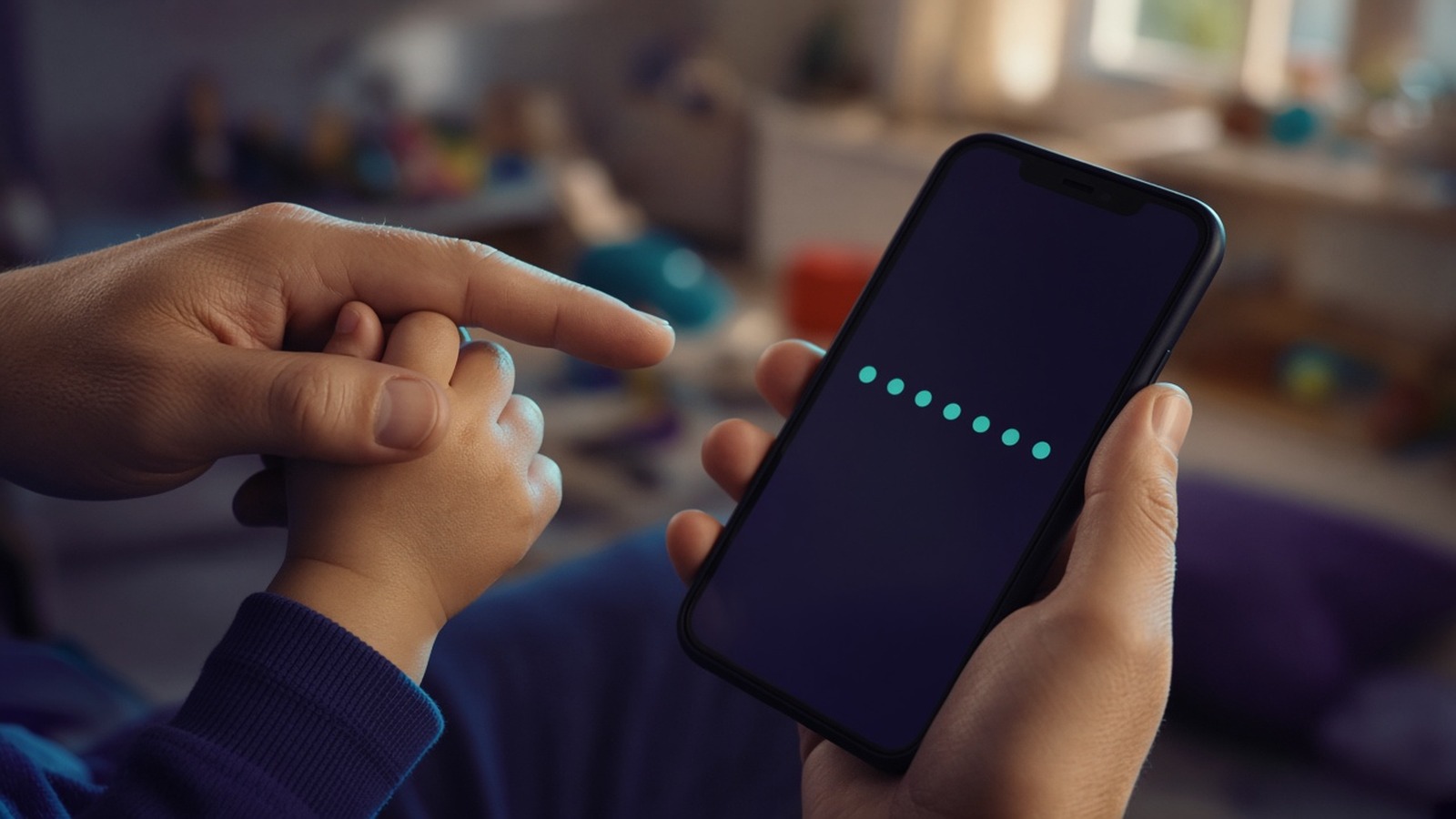 An adult guiding a child's finger toward a phone showing a dotted progress screen