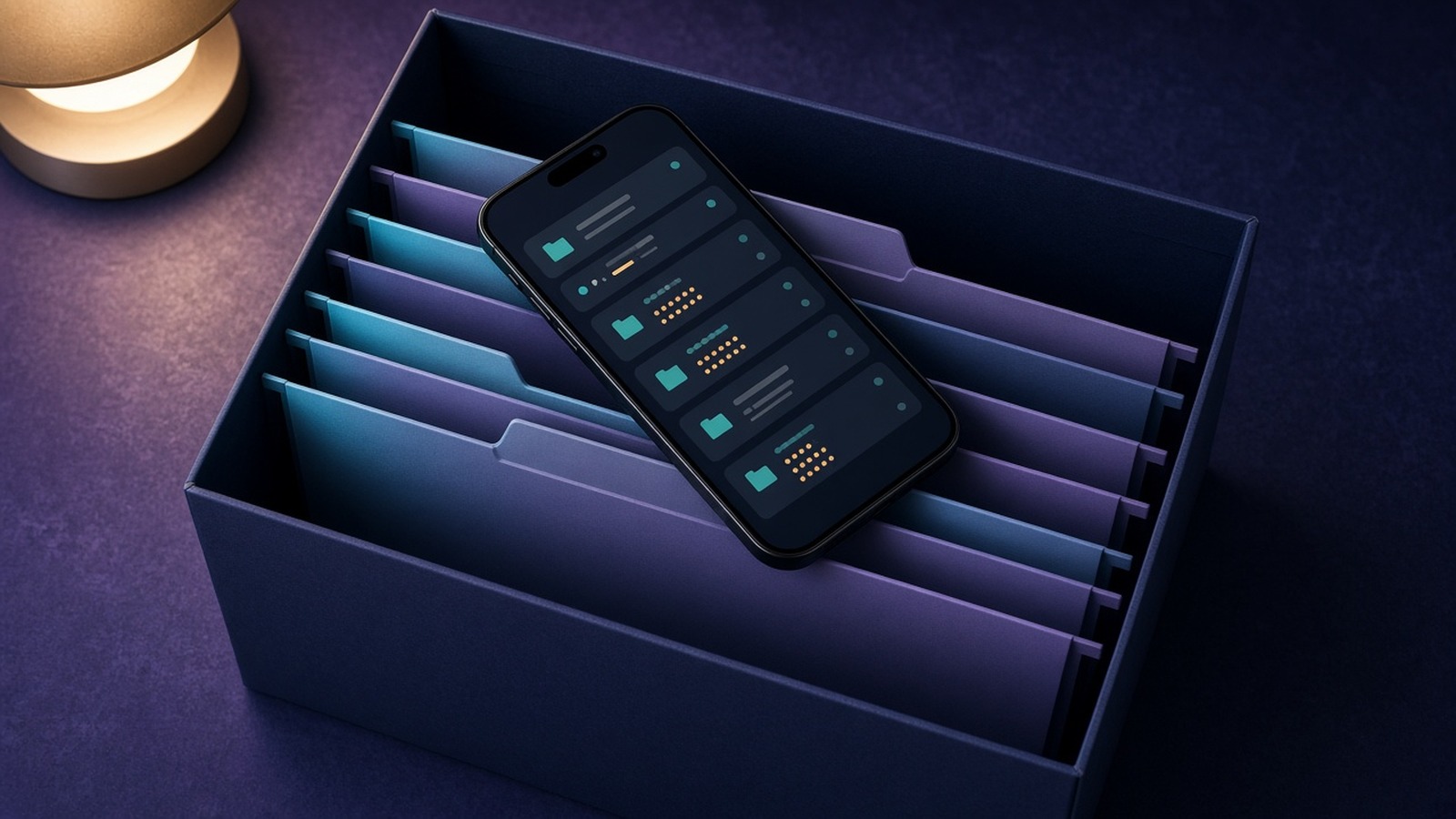 File box of documents with a phone resting beside it
