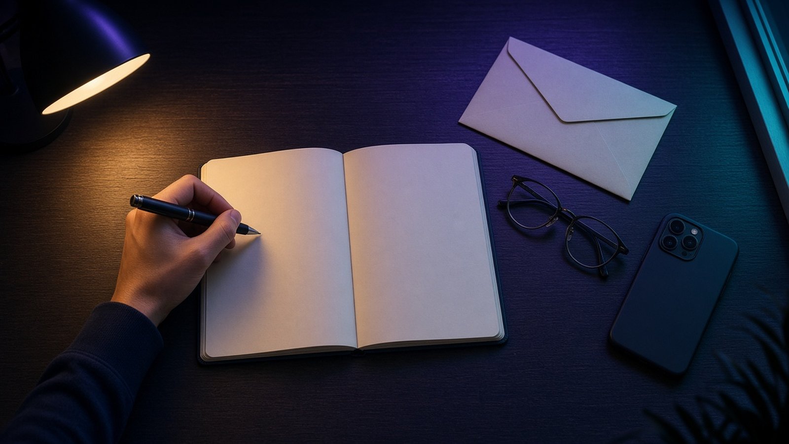 A hand holding a pen over an open notebook on a home office desk at dawn, beside a sealed envelope and reading glasses
