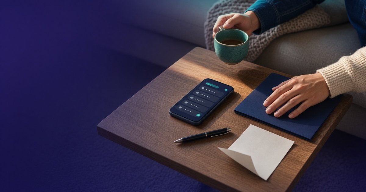 Two people's hands at a living room coffee table in afternoon sun, with a closed folder, a mug, a folded letter and a phone showing masked details