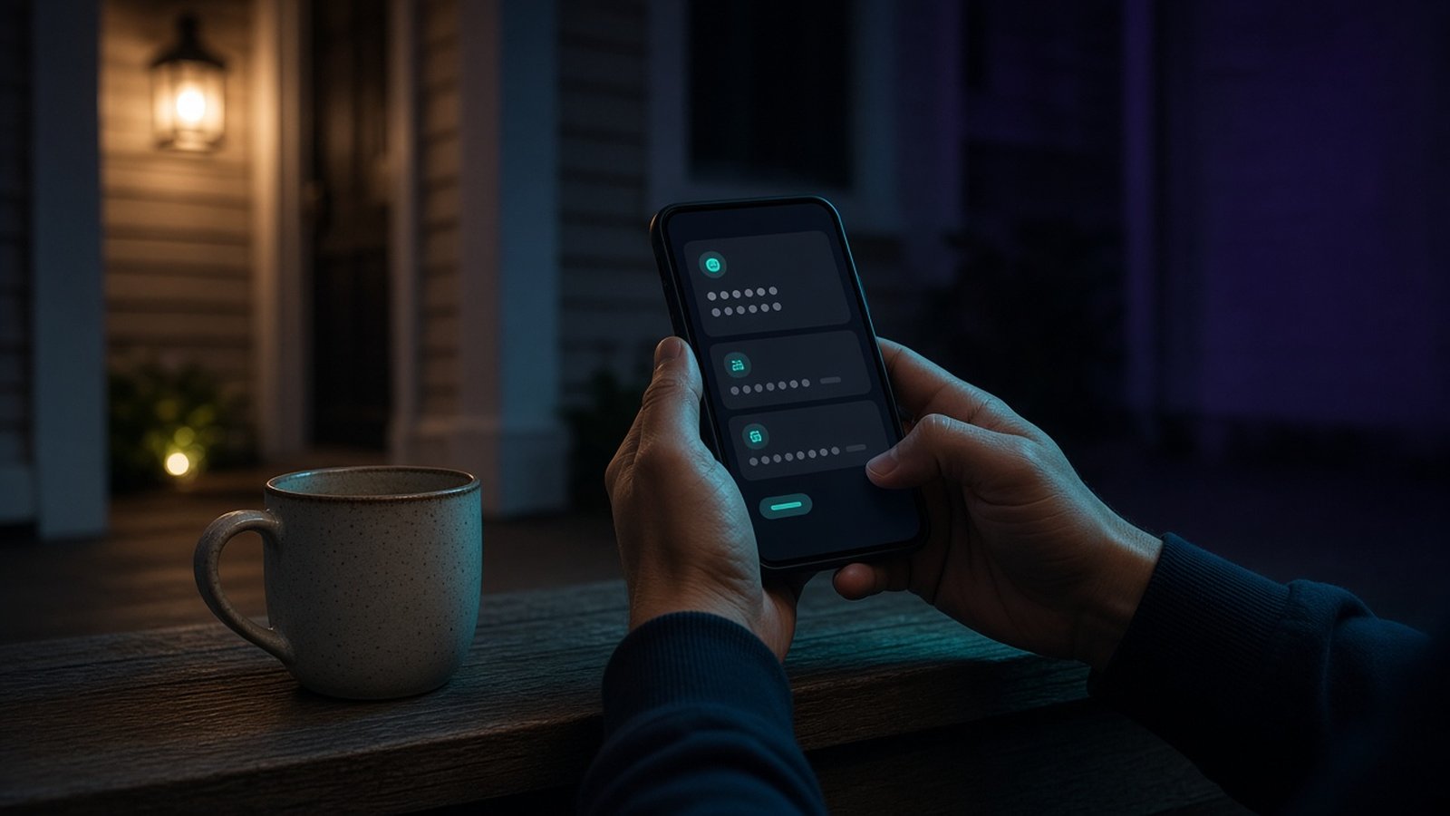 Hands holding a phone on a porch in the evening, the screen showing masked details beside a mug under a porch light