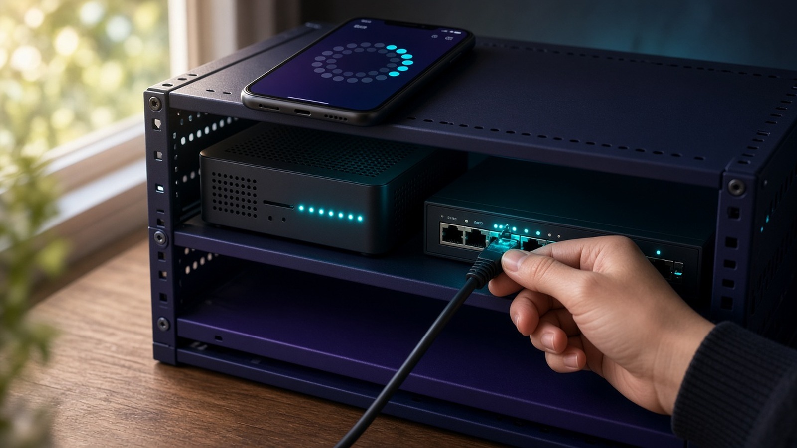 A hand plugging a cable into a home network rack with a phone showing a loading ring on top