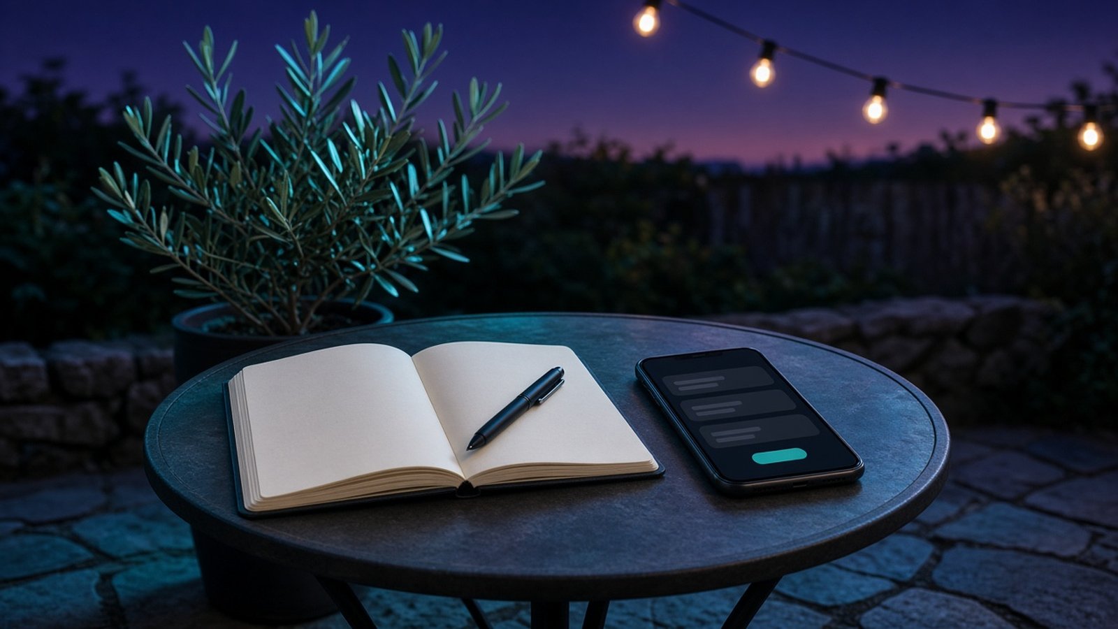 A notebook, a pen and a phone showing masked details on a patio table at dusk