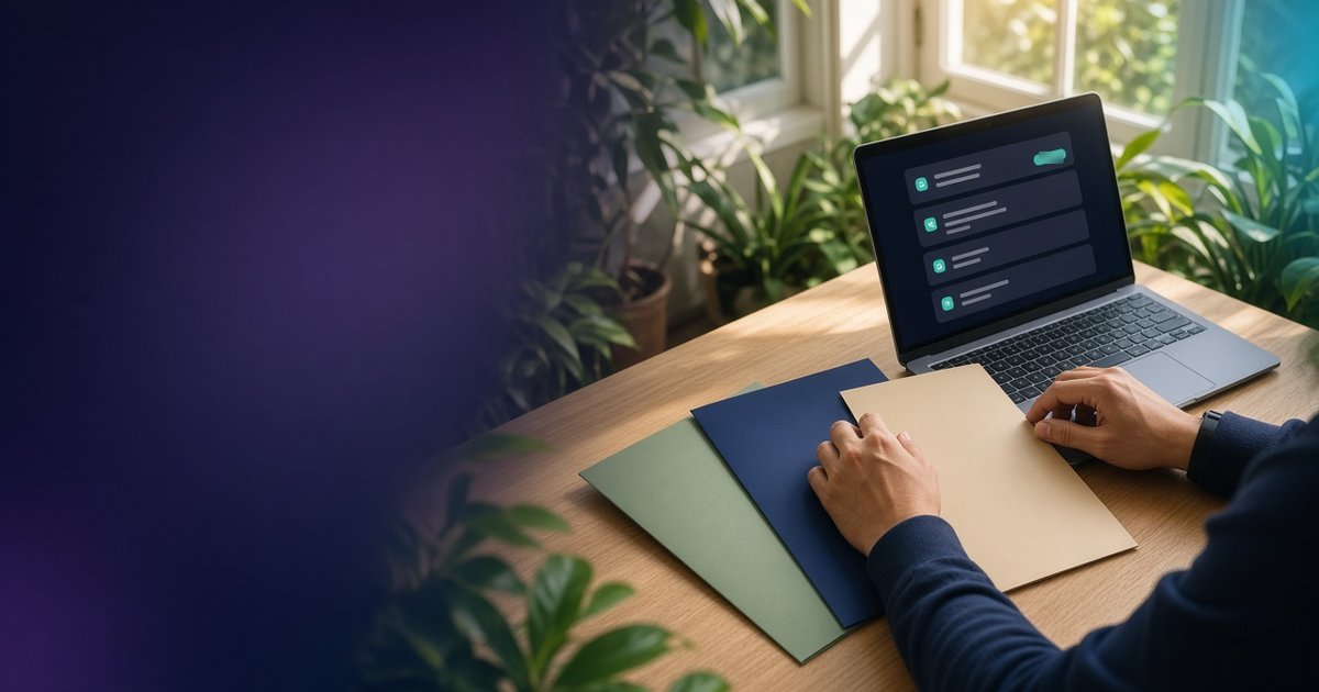 Hands sorting three plain folders at a sunroom table in morning light beside a laptop showing masked details