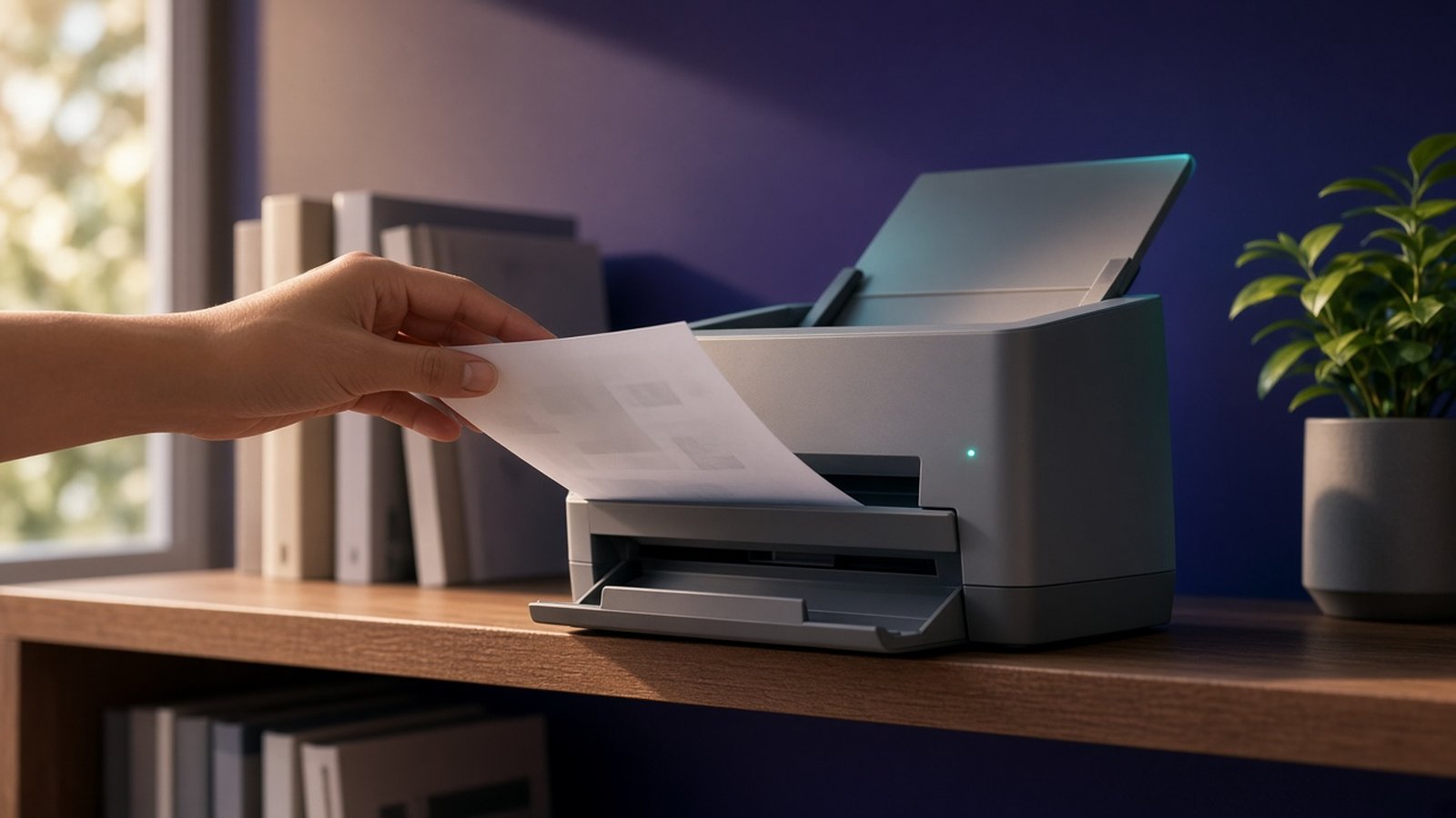 A hand feeding a paper insurance policy into a small document scanner on a bookshelf in a small home office in late afternoon light