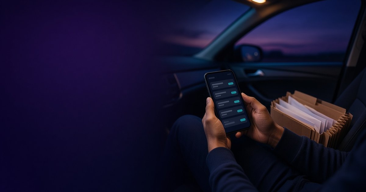 Hands holding a phone with a masked list on the front seat of a parked car at dusk, beside an open accordion file of papers, warm dome light