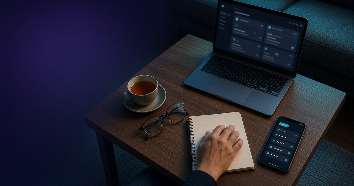 A laptop and a phone side by side in a living room, both showing a dark app screen