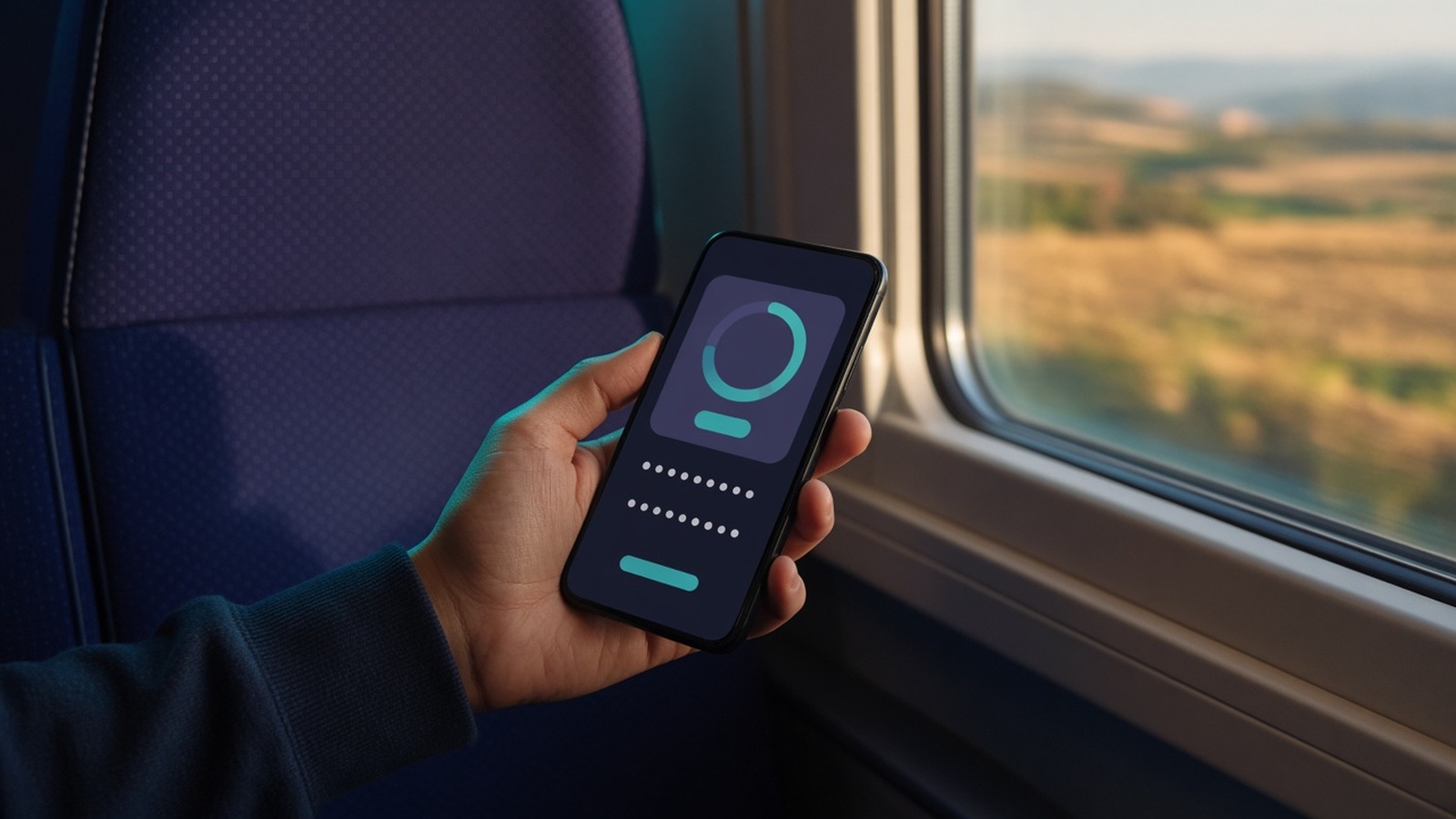 A hand holding a phone with a progress ring beside a train window with fields outside