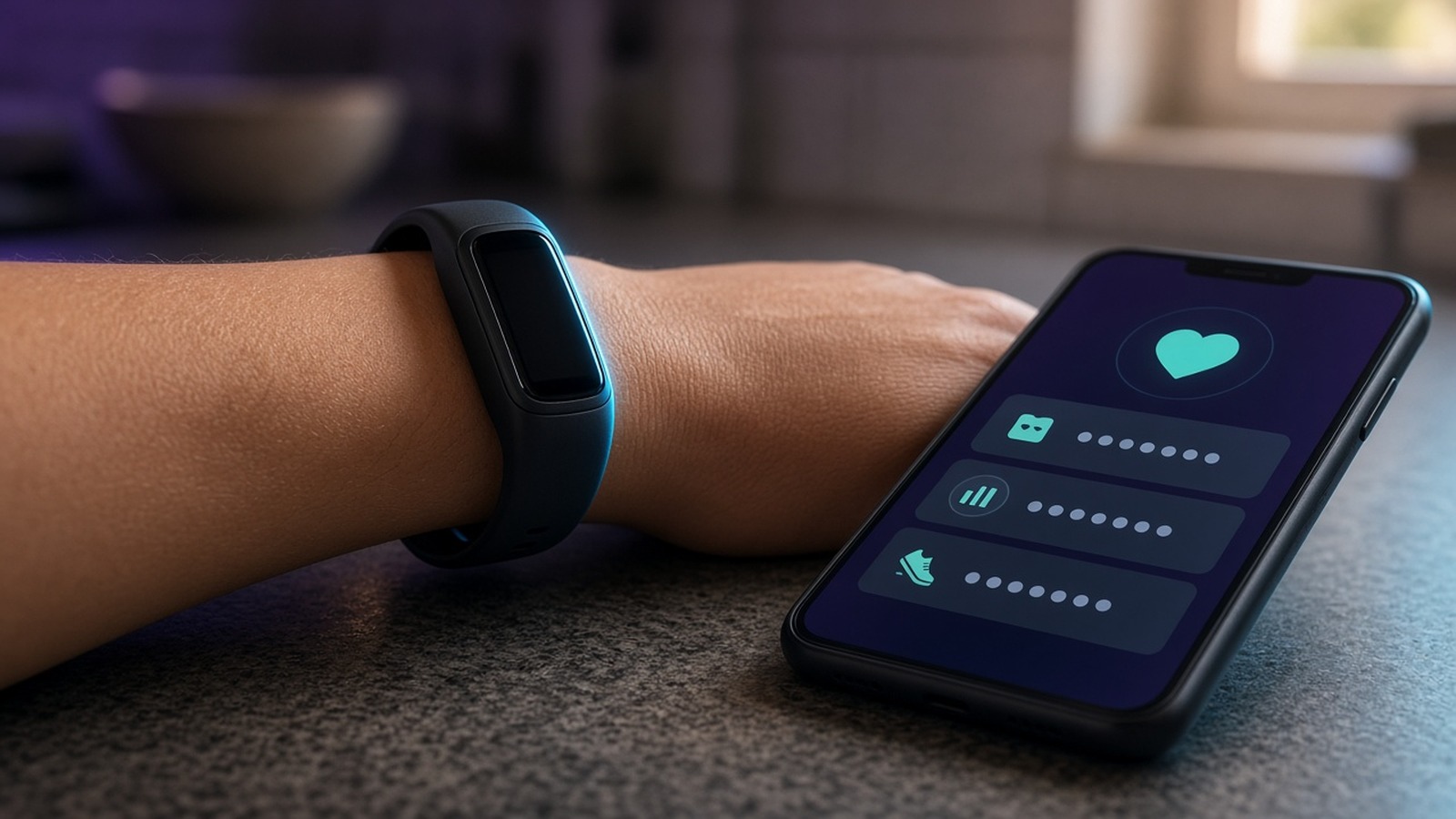 A wrist with a fitness band resting beside a phone showing a heart icon and masked fields