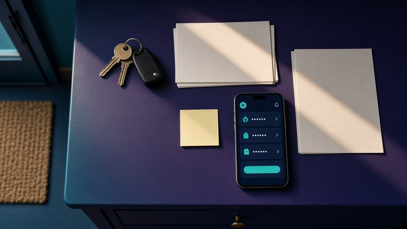 Keys, envelopes and a phone laid out on an entryway console in afternoon light