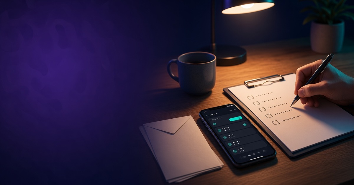 A hand checking off a blank checklist under a desk lamp in the evening