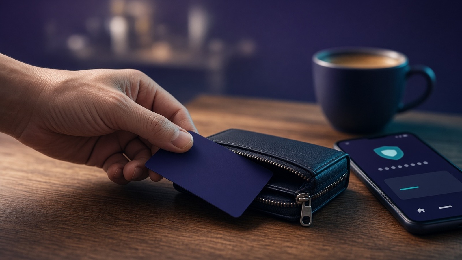 A hand pulling a dark card from a wallet beside a phone with an eye icon and a coffee cup