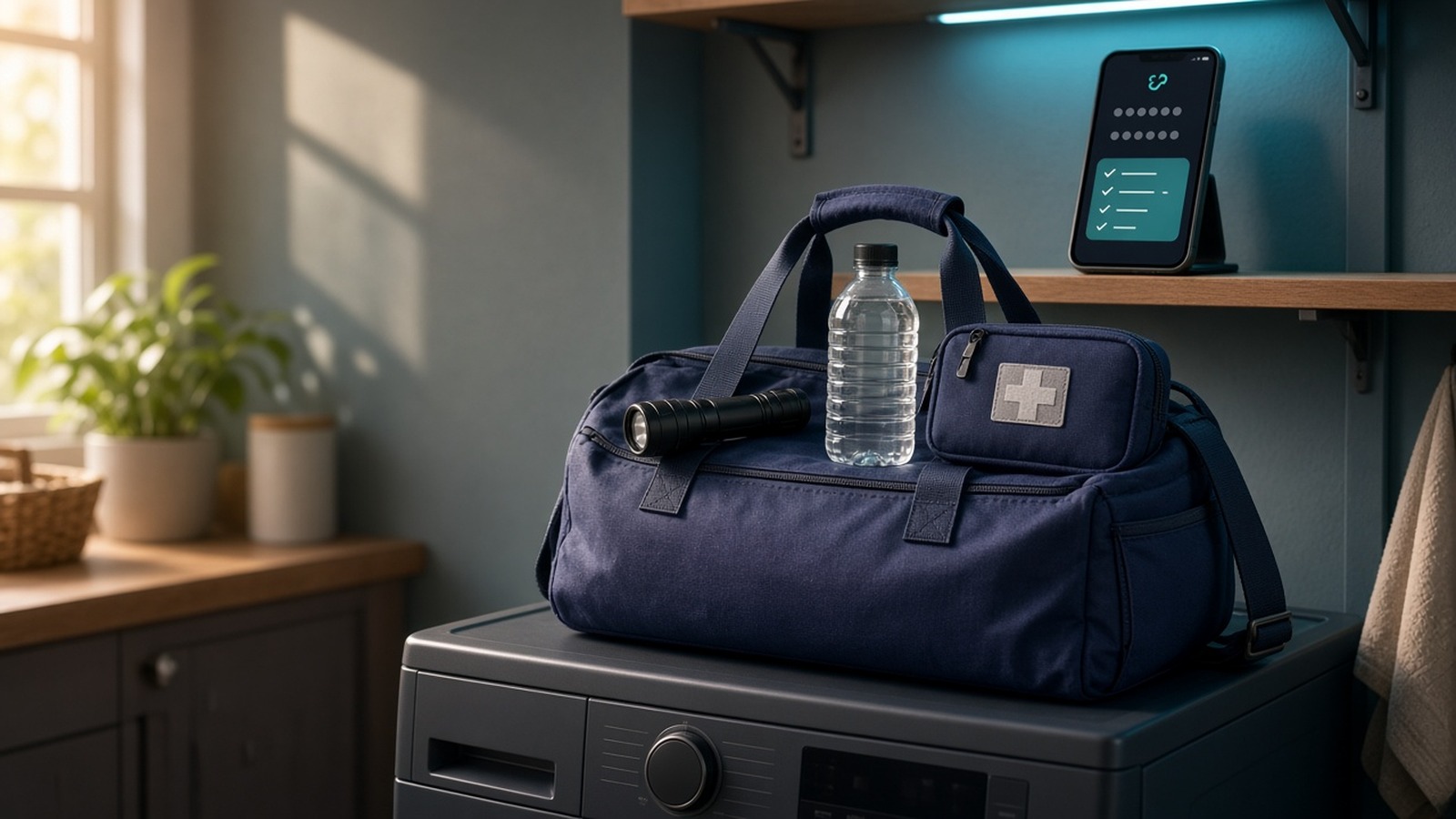 A packed duffel bag and water bottle on a dryer below a tablet showing check-in details