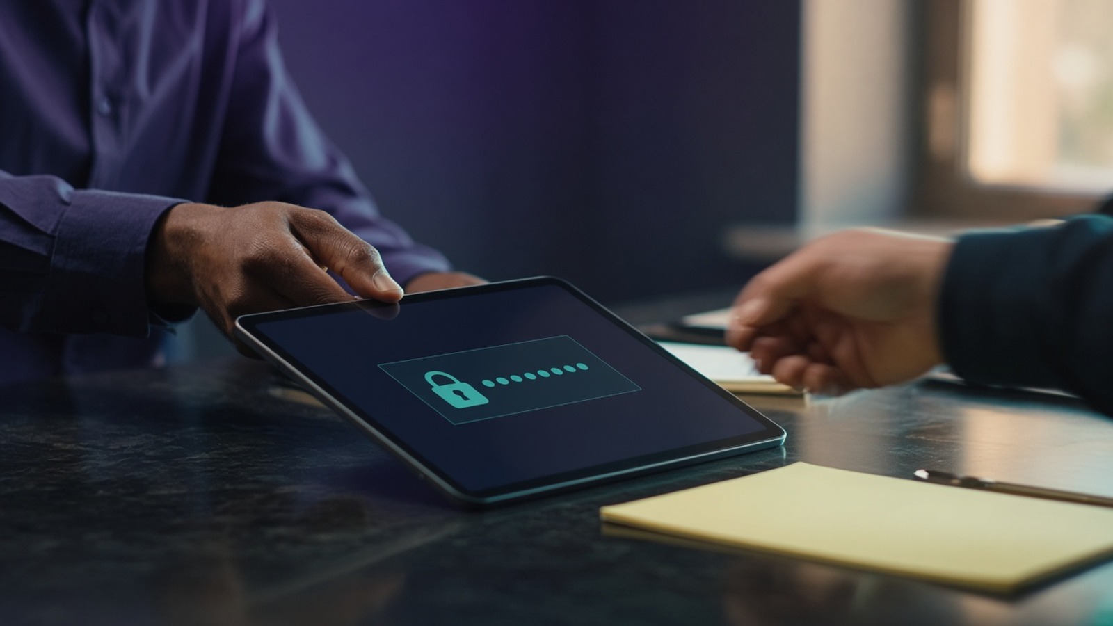 Two people at a table with one sliding a tablet showing a lock across to the other