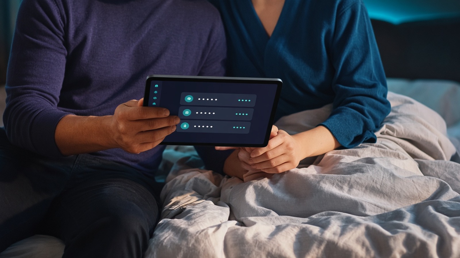 Two people sitting in bed looking at a tablet with a list of items