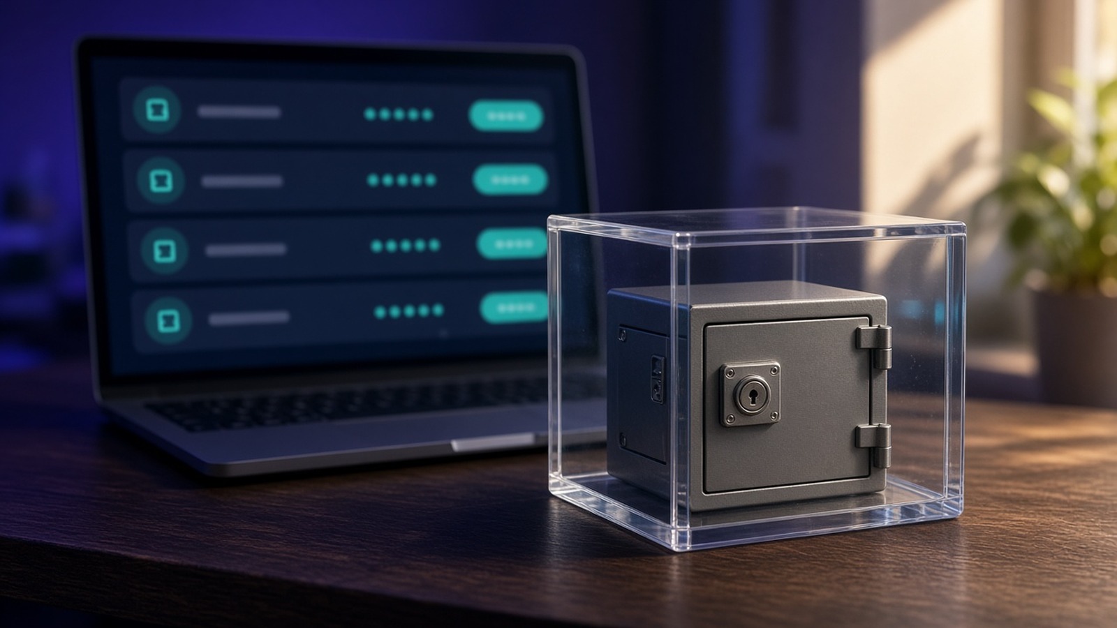 A laptop with a list of entries beside a small safe inside a clear acrylic box