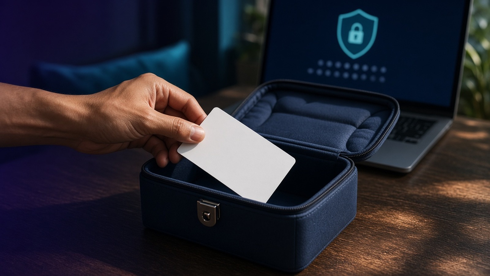 A hand placing a white card into a padded case in front of a laptop with a shield icon