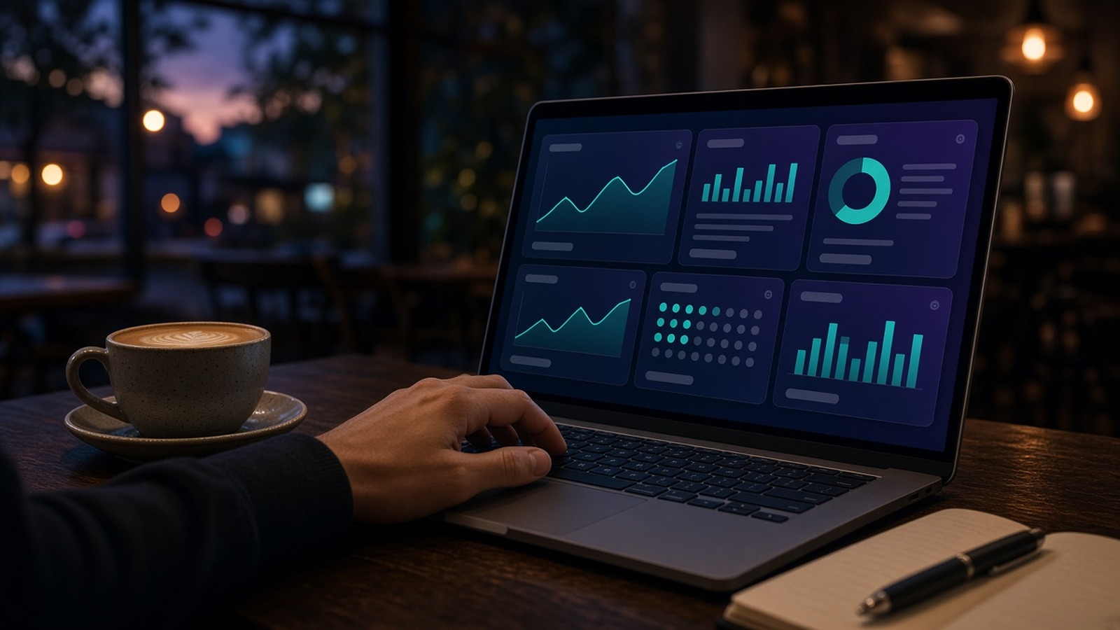 Laptop showing a dashboard on a cafe table at dusk