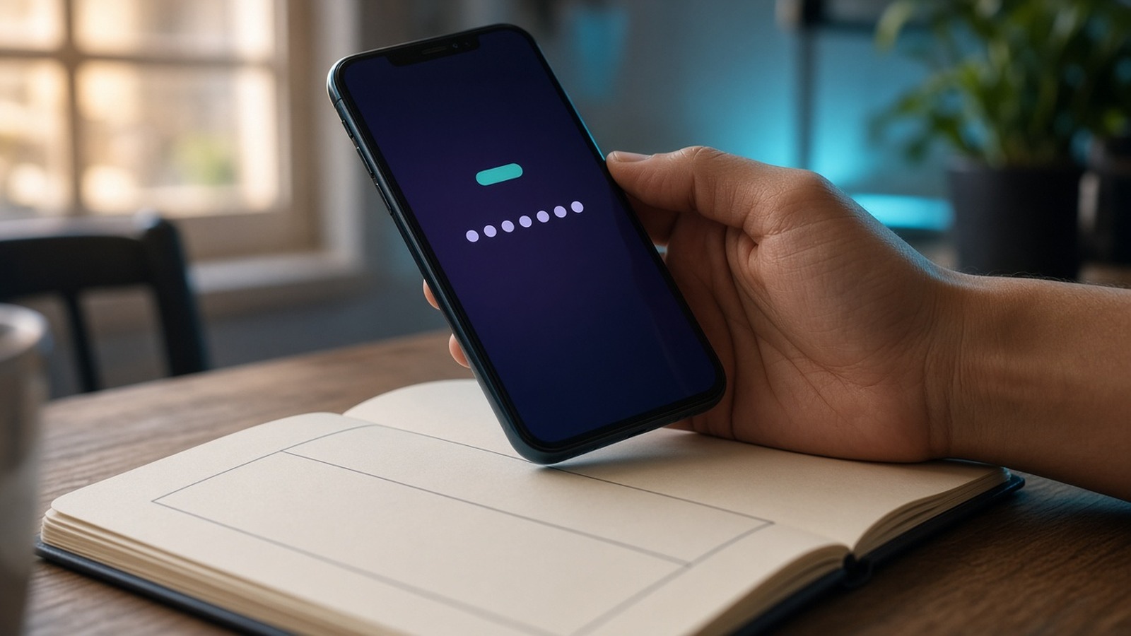 A hand holding a phone with a masked unlock screen above an open notebook