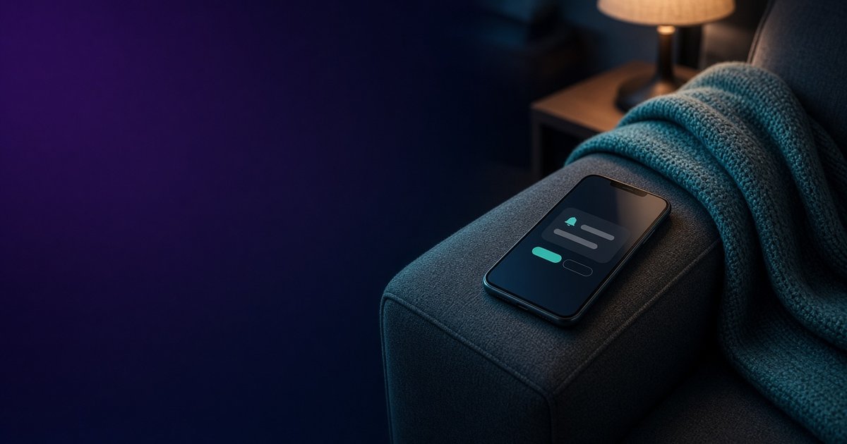 A phone resting on the arm of a sofa at night, the screen showing a masked request alert, beside a knit throw and a lamp