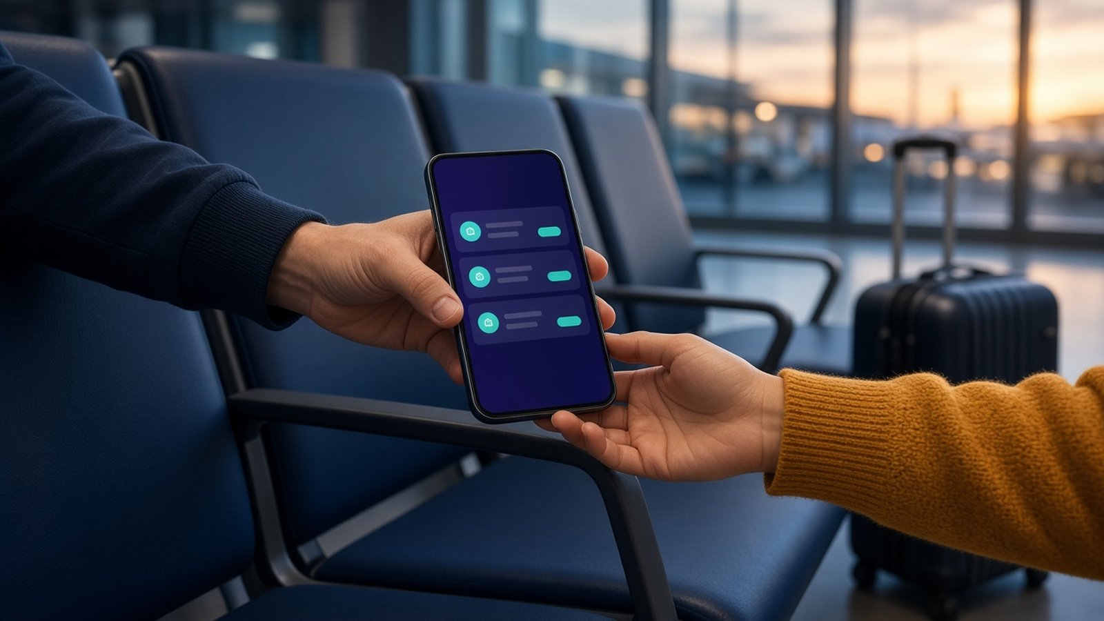 Hands passing a phone across an airport gate bench, the screen showing masked details