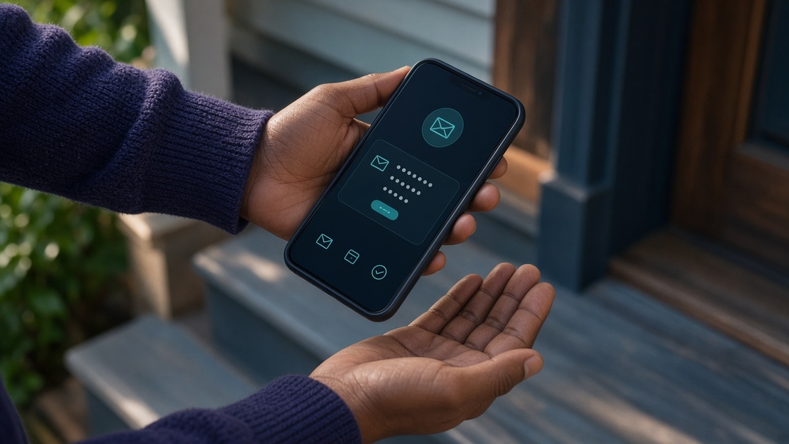One hand holding a phone with a message screen above another open hand on a porch
