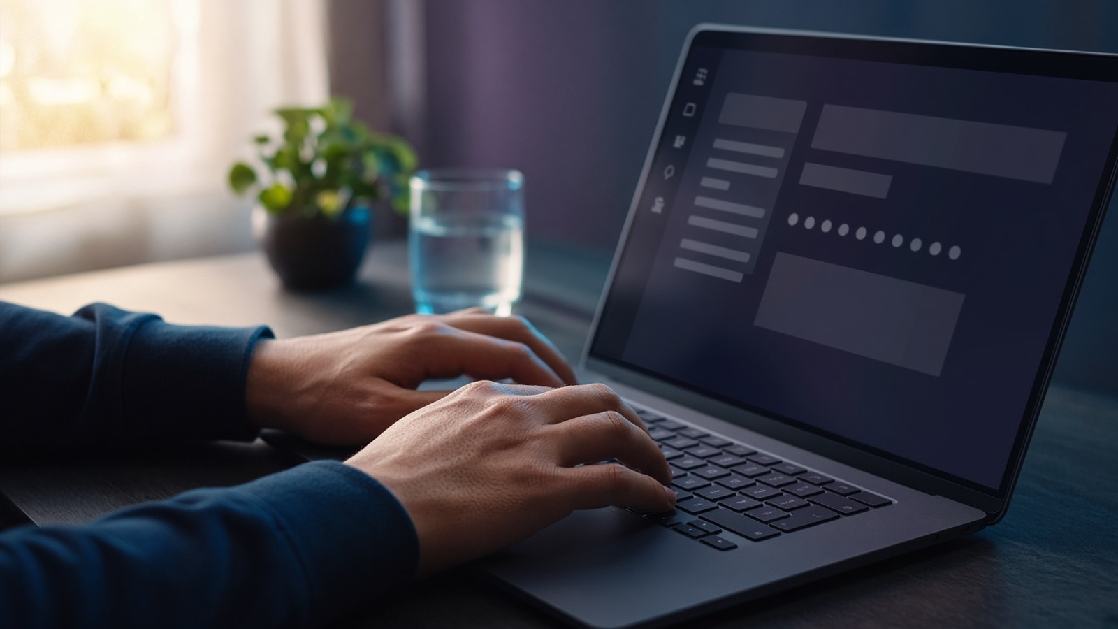 Hands typing on a laptop at a desk near a window with a plant