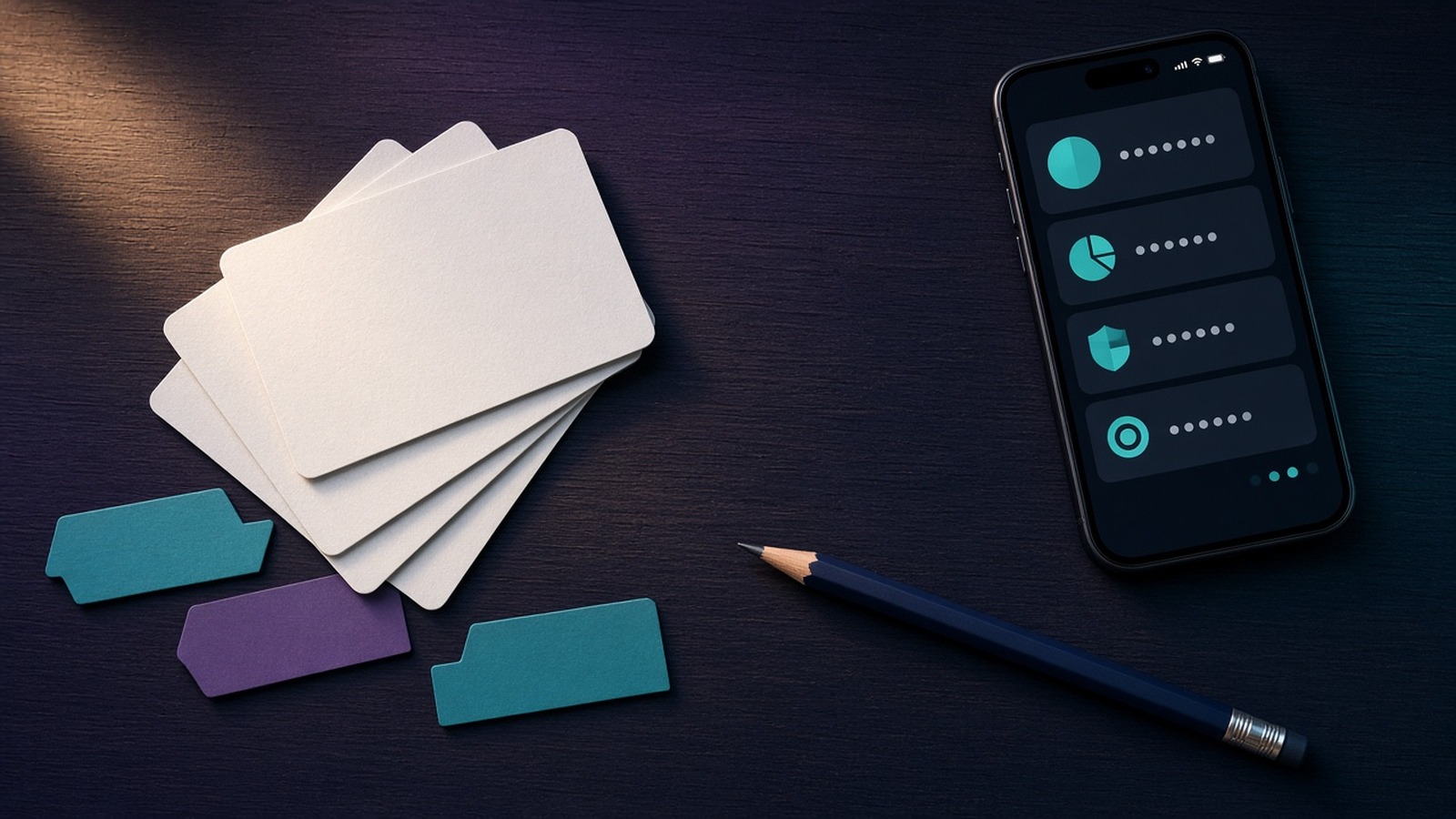 Flat lay of index cards and colored tabs on a desk