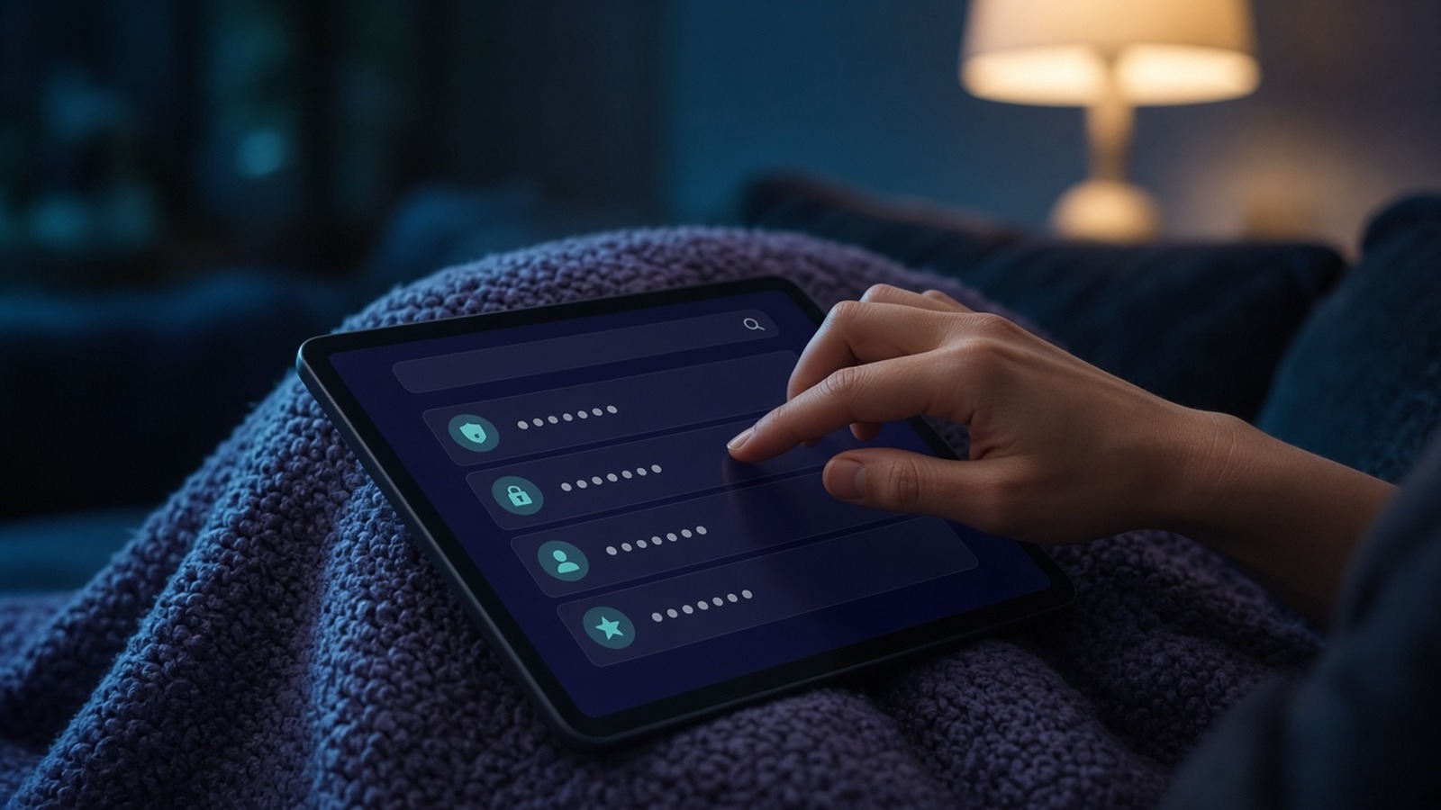 Hand tapping a list of items on a tablet resting on a knit blanket