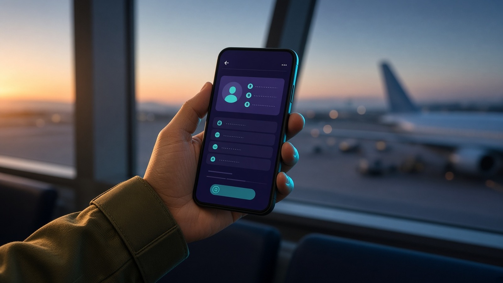 A hand holding a phone with a contact list in front of an airport window with a plane
