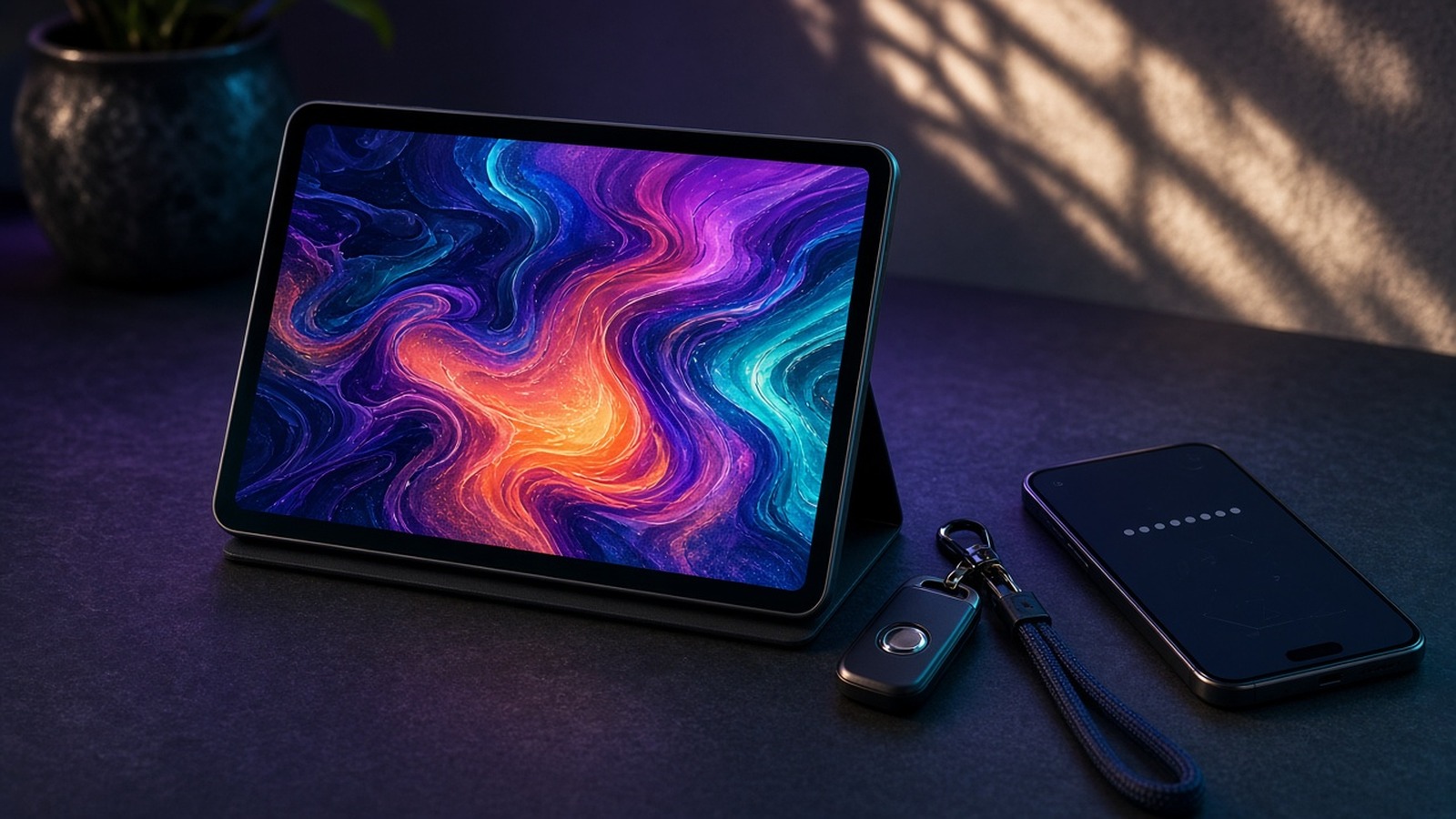 A tablet with colorful swirling artwork beside a phone and a key fob on a dark table